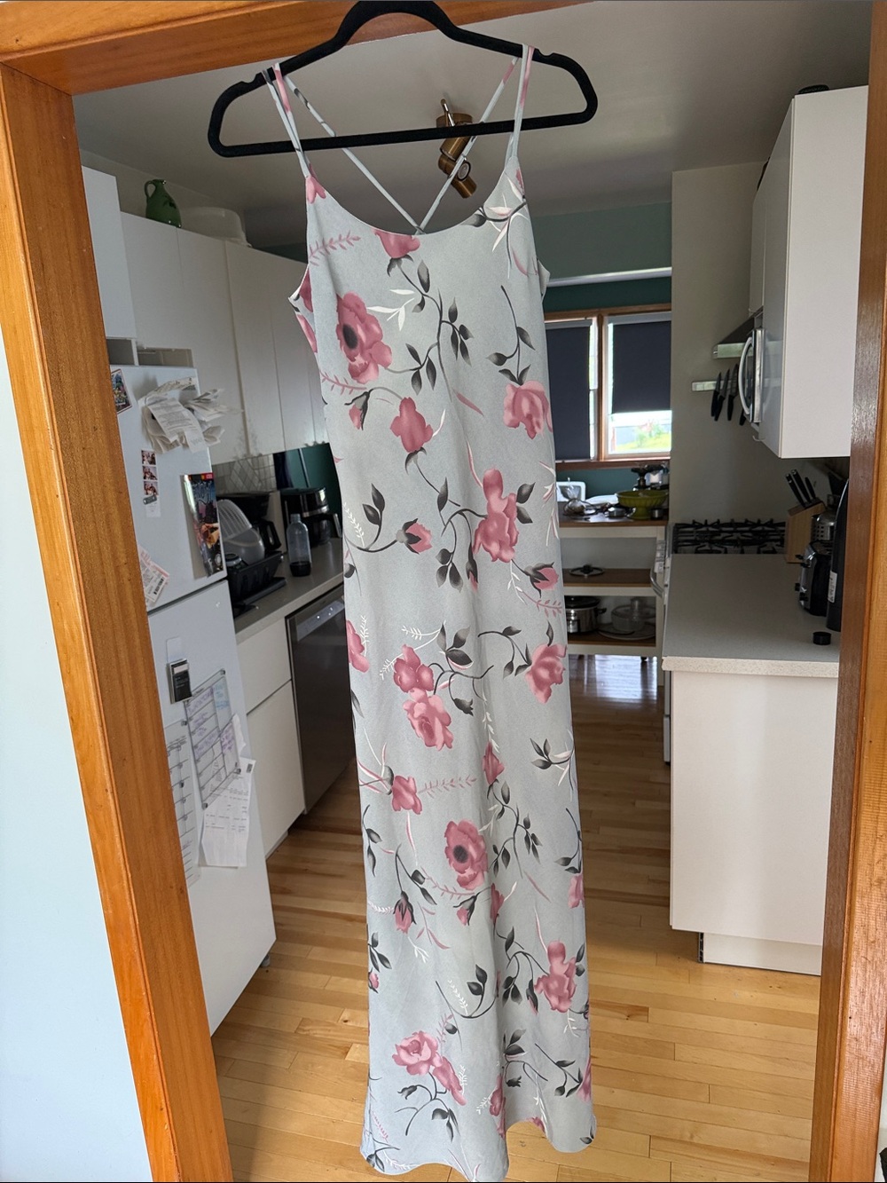 Vintage Floral Slip Maxi Dress in Light Aqua with Pink Roses